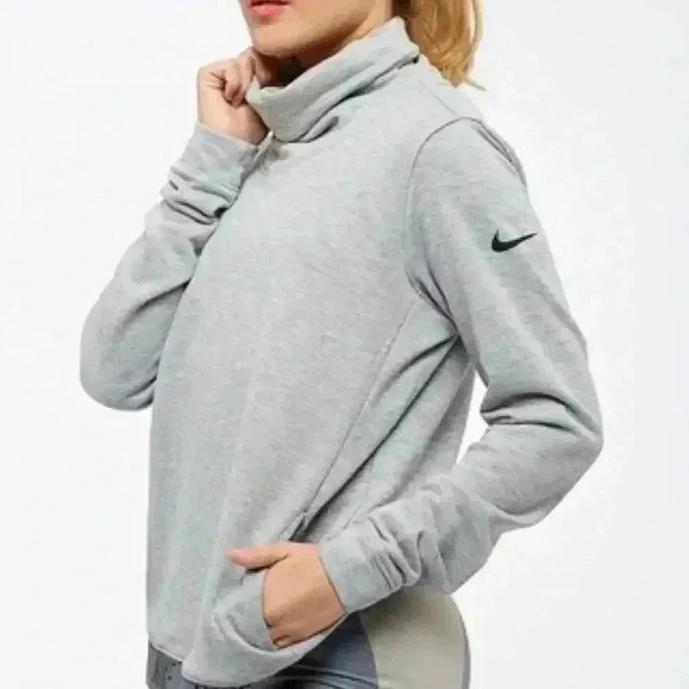 NIKE WOMENS DRI FIT CROP ROLL NECK SWEATSHIRT front pockets sz small color Grey
